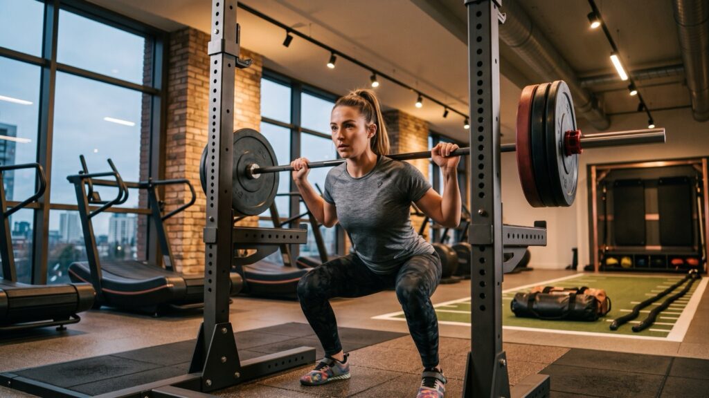 Une femme effectue un squat avec une barre chargée, sous un rig, dans une salle de musculation au poids libre